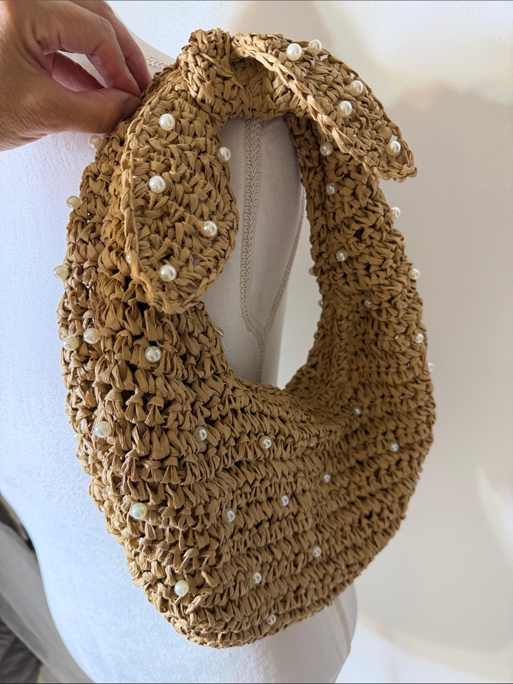 NWT, Haute Hippie Straw Pearl-Embellished Round bag - Tan